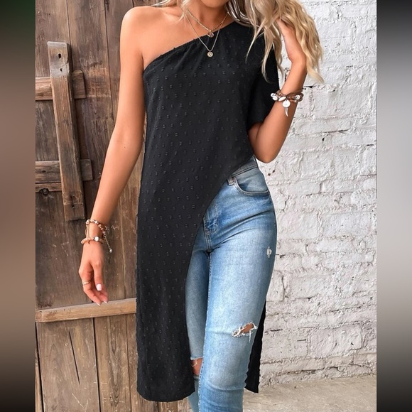 Boho One Shoulder Slit Long Tunic Top Blouse Black - Picture 6 of 6